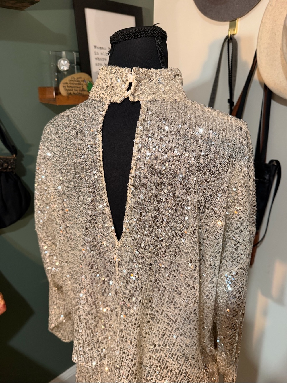 H&M Silver Sequin Maxi Skirt & Top Size 4 Long Sleeve Mock Neck Open Back Glam - Picture 2 of 6